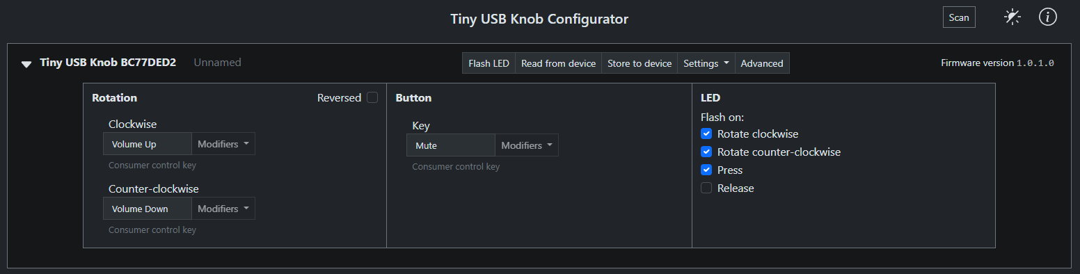 Screenshot of the Tiny USB Knob Configurator