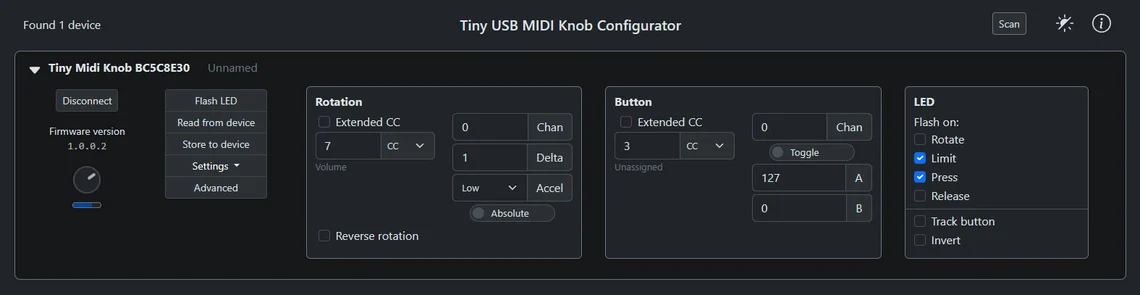 Screenshot of the Tiny MIDI Knob Configurator